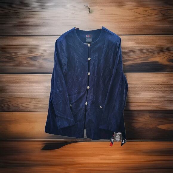 R & K Original Pant Suit Women 14 Two Piece Set Button Navy Velvet Pull On Pants - Picture 2 of 13